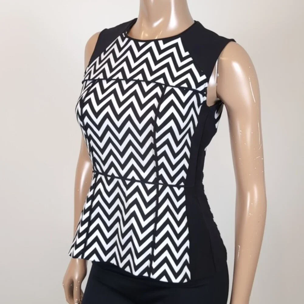 H&M Chevron Print Sleeveless Peplum Top Ponte Fitted Stretch Black White Party - Picture 4 of 11
